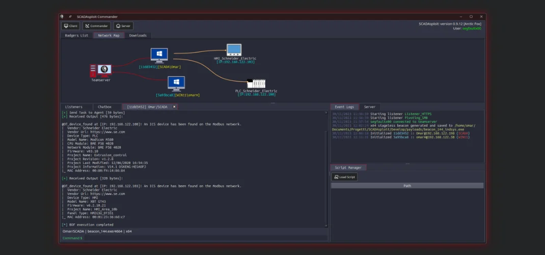 Public SCADAsploit graphical commander showing the framework interface.